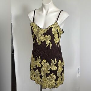 Topshop Brown Slip Dress with Yellow Lace Appliqué NWOT